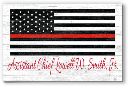 Personalized Thin Red Line Flag Sign – Custom Firefighter Name Wall Art | Fire Department Gift Solid Wood