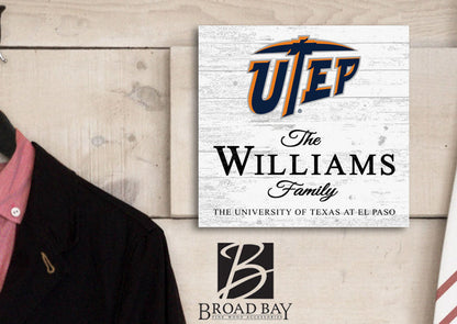 Personalized UTEP Miners Family Name Sign – Custom University of Texas El Paso Wood Wall Decor – Miners Gift