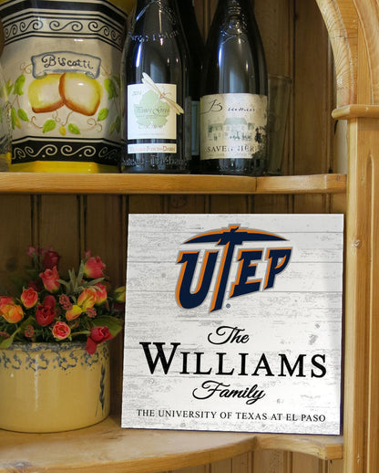 Personalized UTEP Miners Family Name Sign – Custom University of Texas El Paso Wood Wall Decor – Miners Gift
