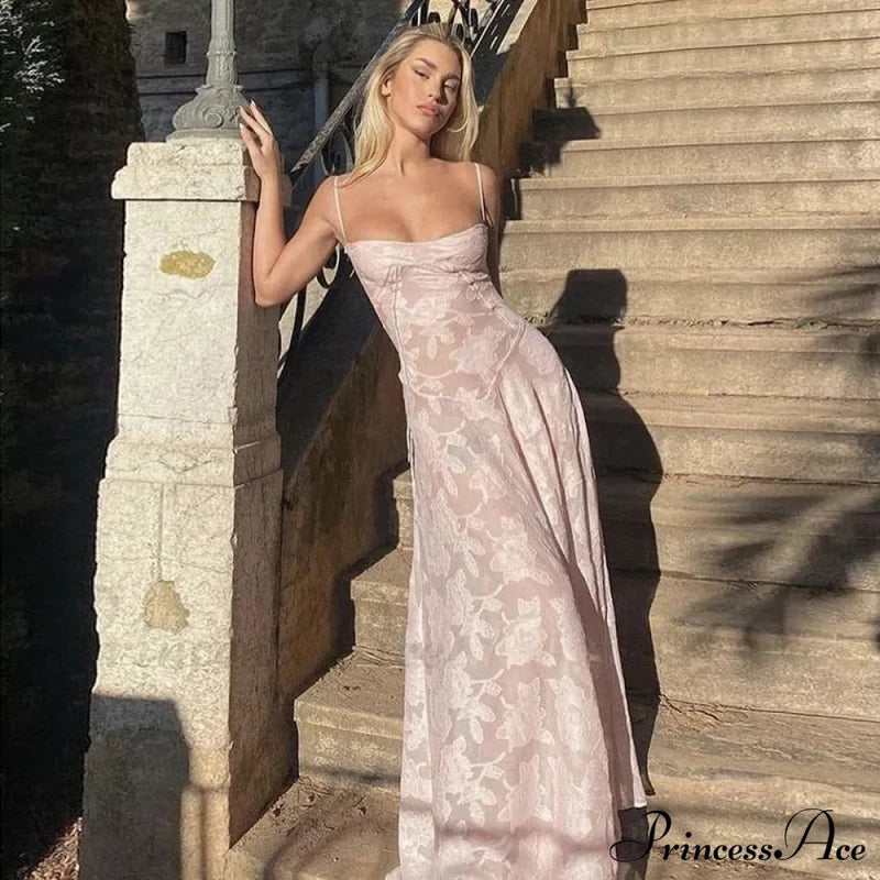 Pink Floral Stylish Lace Maxi Dress / S