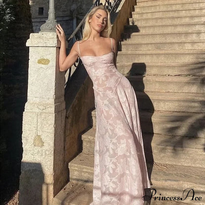 Pink Floral Stylish Lace Maxi Dress / S