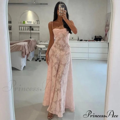 Pink Floral Stylish Lace Maxi Dress / M