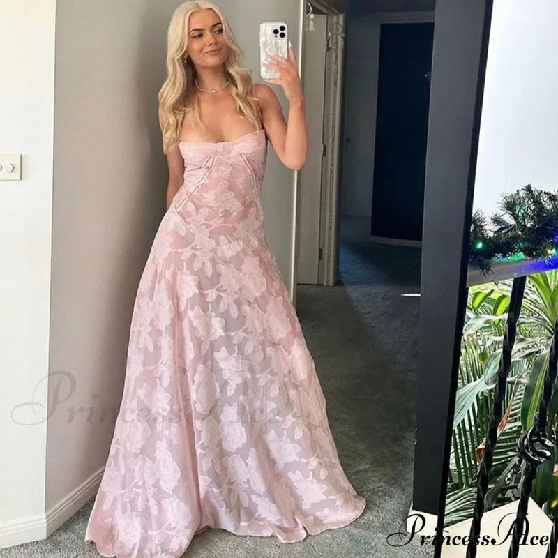 Pink Floral Stylish Lace Maxi Dress / L