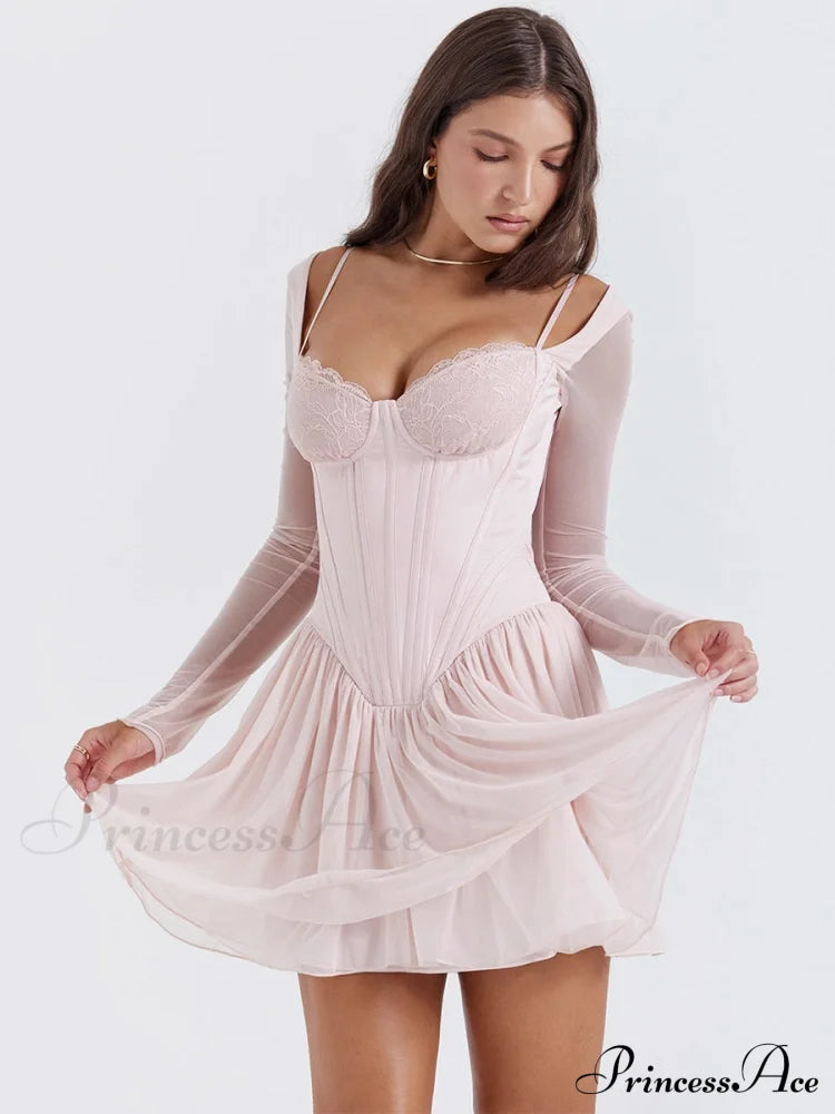 Pink Long Sleeve Charming Bustier Frill Mini Dress