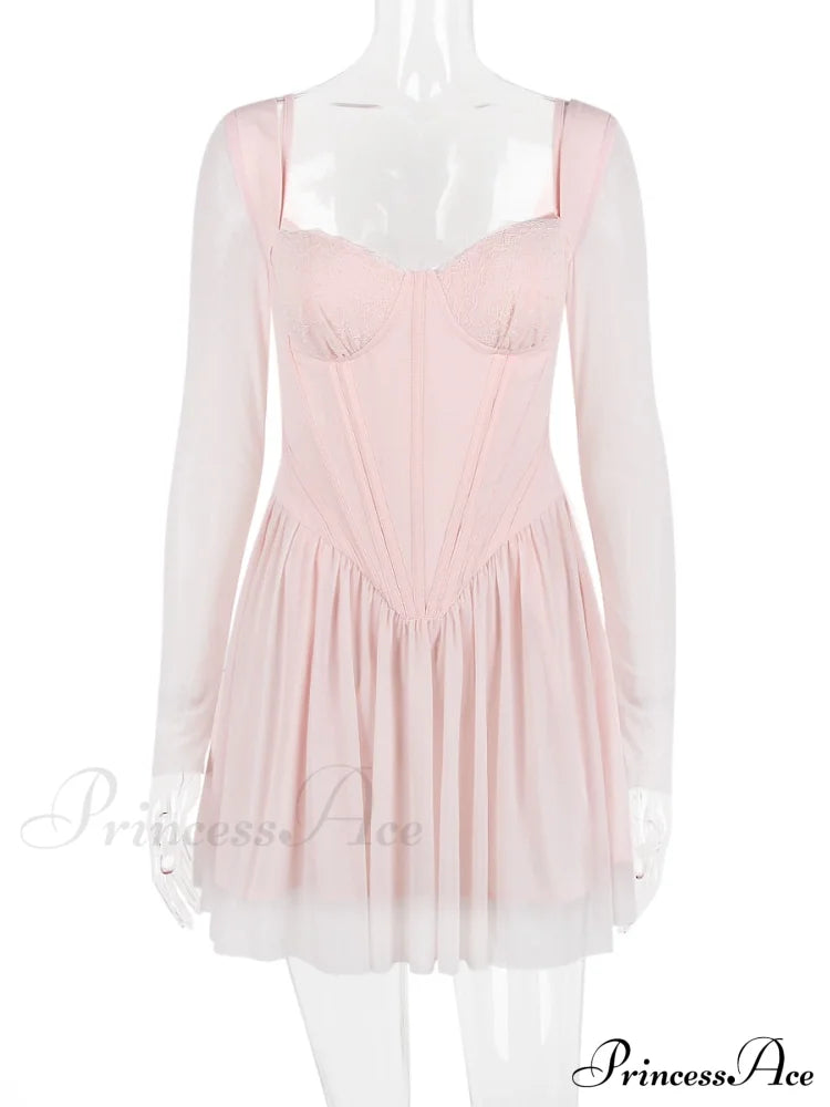 Pink Long Sleeve Charming Bustier Frill Mini Dress