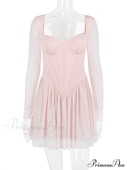 Pink Long Sleeve Charming Bustier Frill Mini Dress