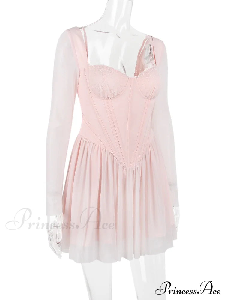 Pink Long Sleeve Charming Bustier Frill Mini Dress