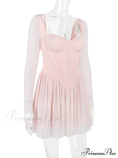 Pink Long Sleeve Charming Bustier Frill Mini Dress