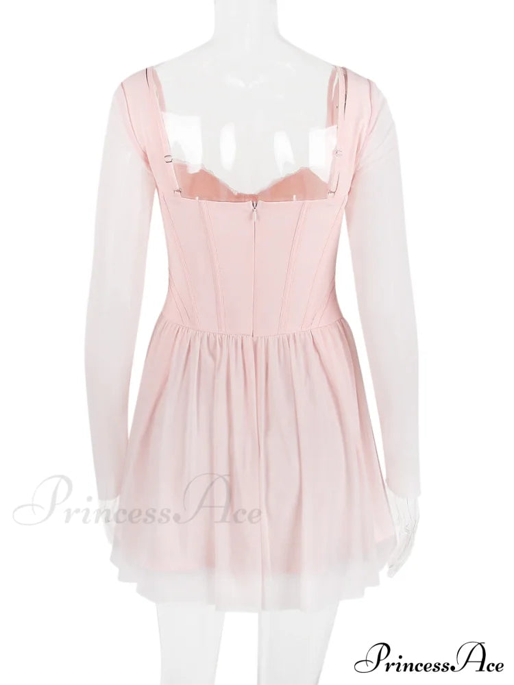 Pink Long Sleeve Charming Bustier Frill Mini Dress