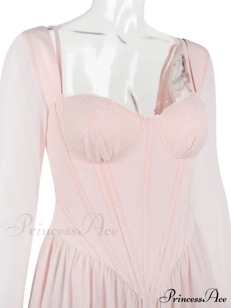 Pink Long Sleeve Charming Bustier Frill Mini Dress