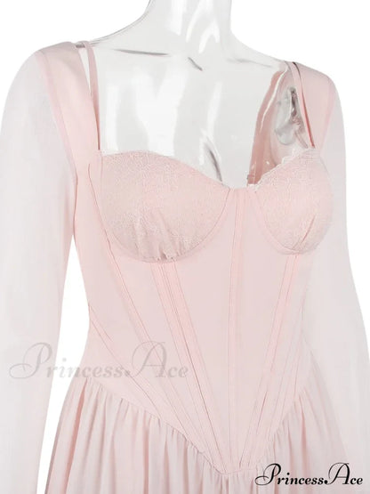 Pink Long Sleeve Charming Bustier Frill Mini Dress