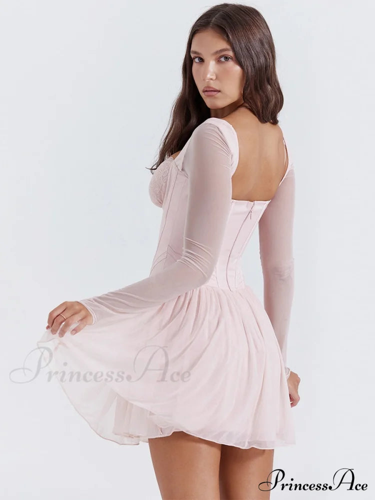 Pink Long Sleeve Charming Bustier Frill Mini Dress