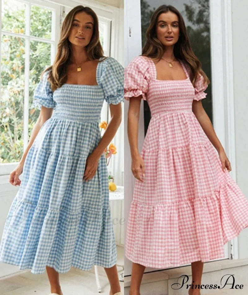 Plaid Puff Stylish Sleeve Midi Dress
