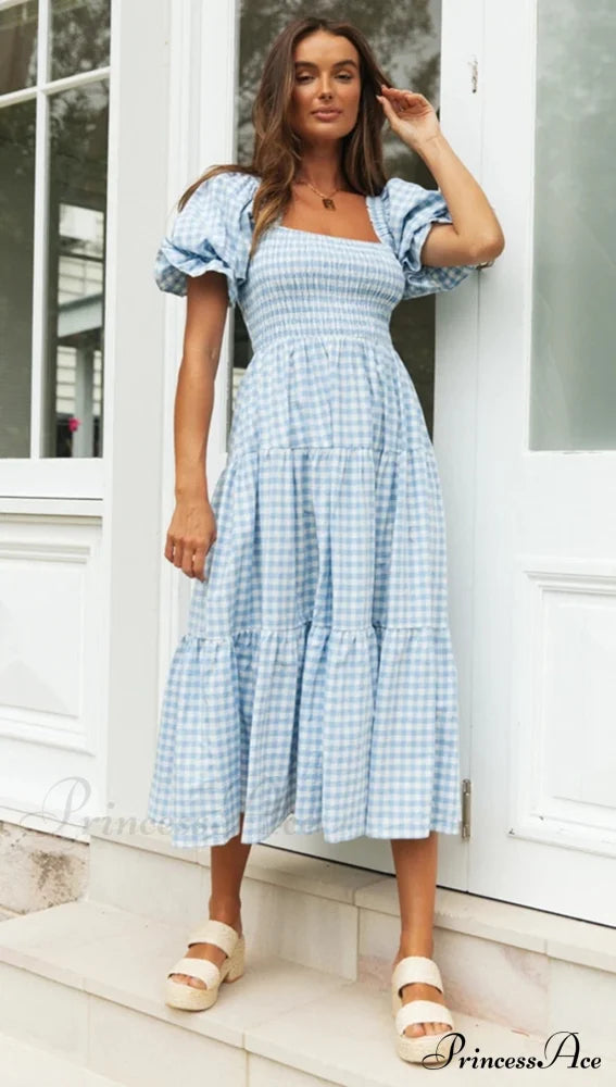 Plaid Puff Stylish Sleeve Midi Dress