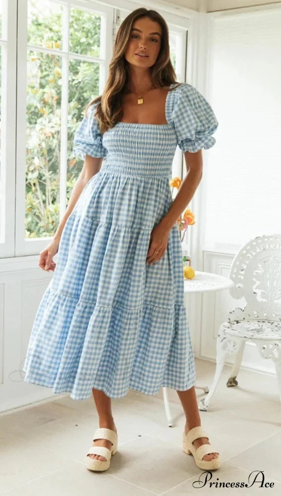 Plaid Puff Stylish Sleeve Midi Dress
