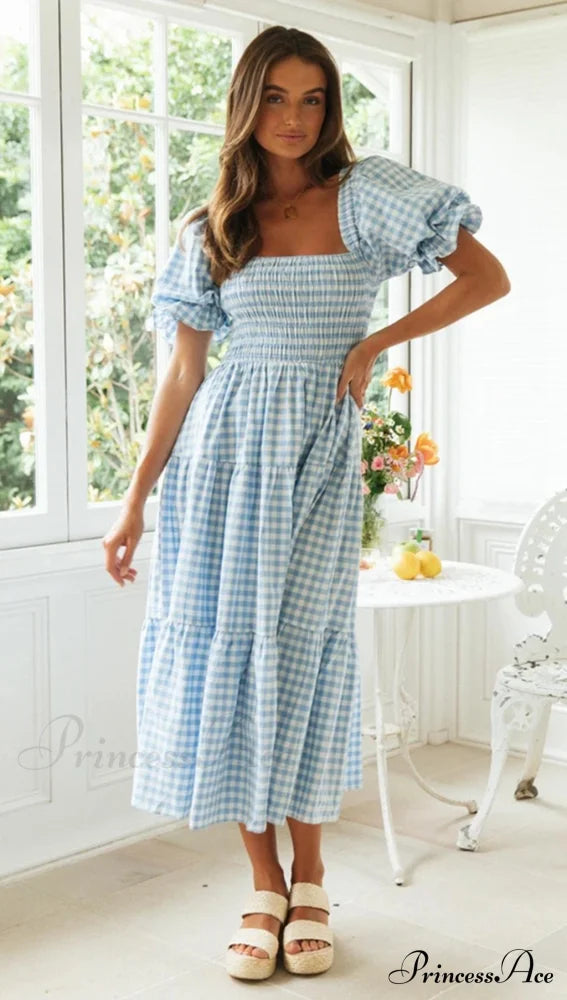 Plaid Puff Stylish Sleeve Midi Dress
