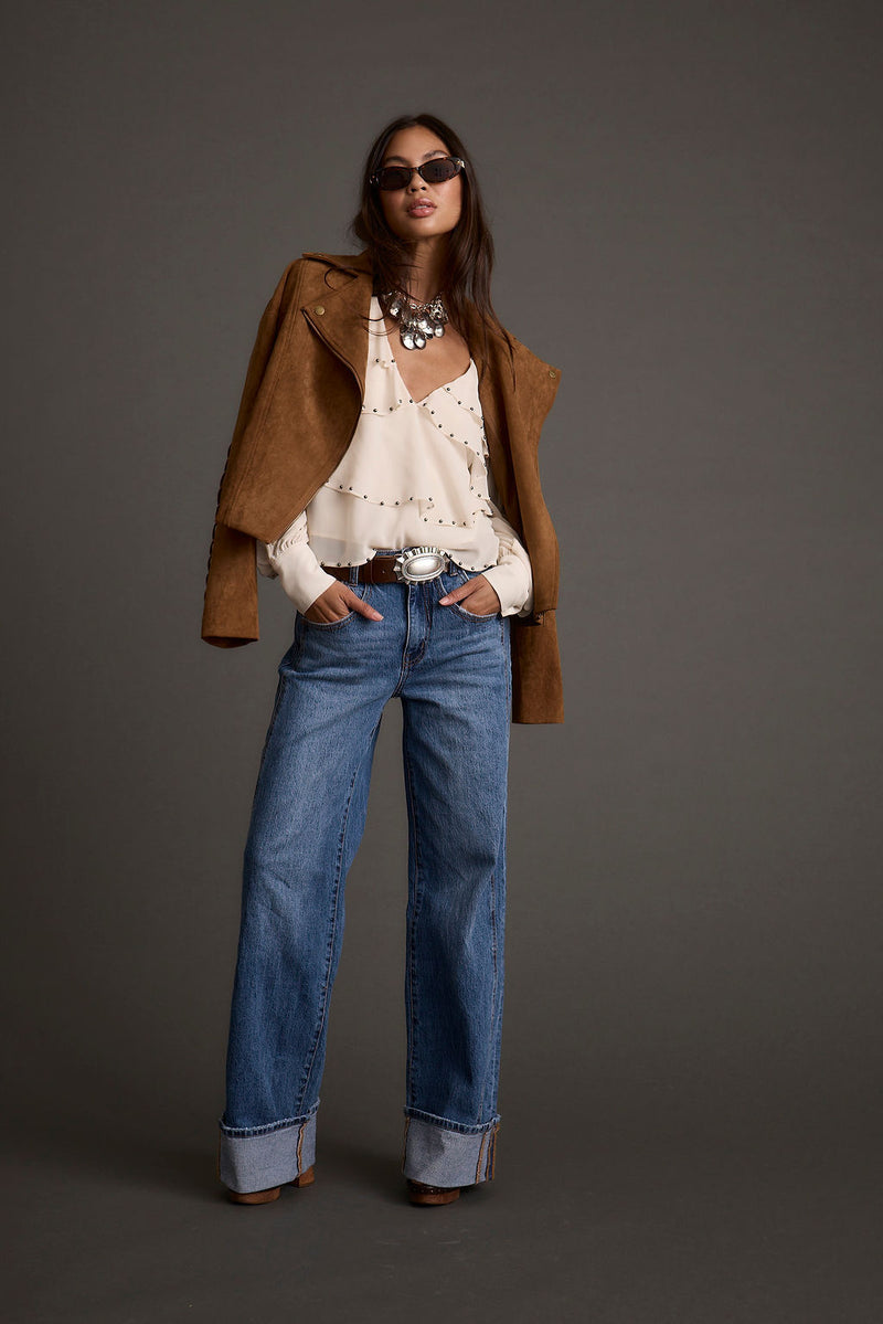 Close-up of the Presley Cuffed Straight Leg Denim showcasing the denim texture and craftsmanship.