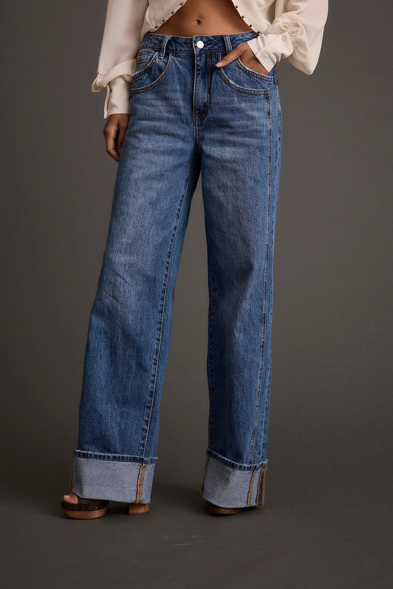 Presley Cuffed Straight Leg Denim paired with complementary accessories for a polished look.