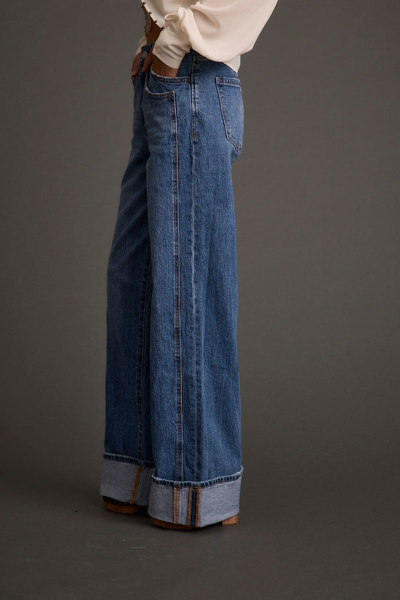 Detail shot of the Presley Cuffed Straight Leg Denim highlighting the denim elements.