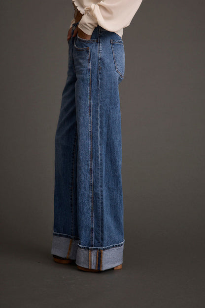 Detail shot of the Presley Cuffed Straight Leg Denim highlighting the denim elements.