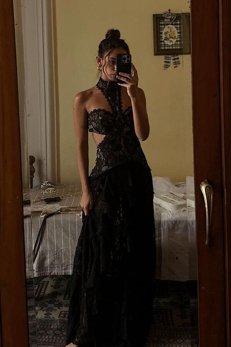 Black lace drop-waist maxi dress with lace accents, a drop waist dress essential.