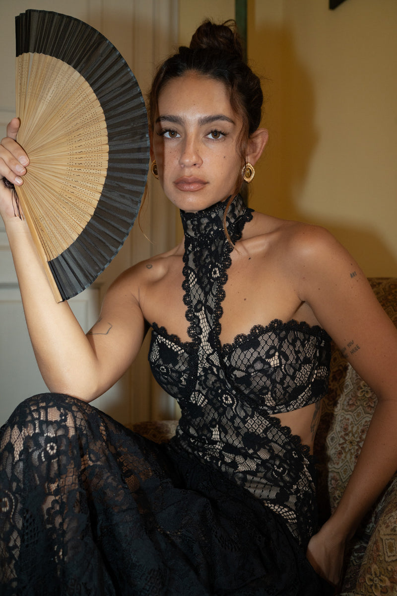 Princesa Black Lace Drop Waist Maxi Dress styled in a complete look from an alternate angle.