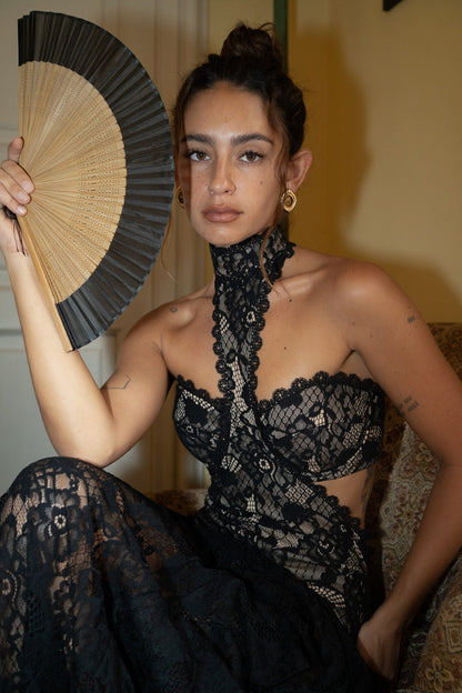 Princesa Black Lace Drop Waist Maxi Dress styled in a complete look from an alternate angle.