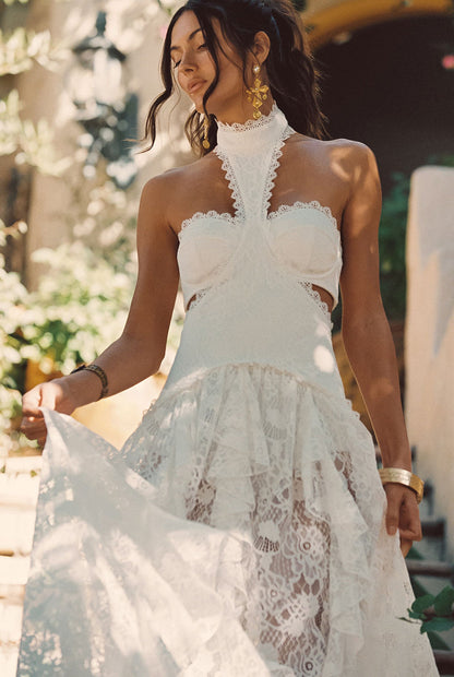 Princesa White Lace Drop Waist Maxi Dress paired with complementary accessories for a polished look.