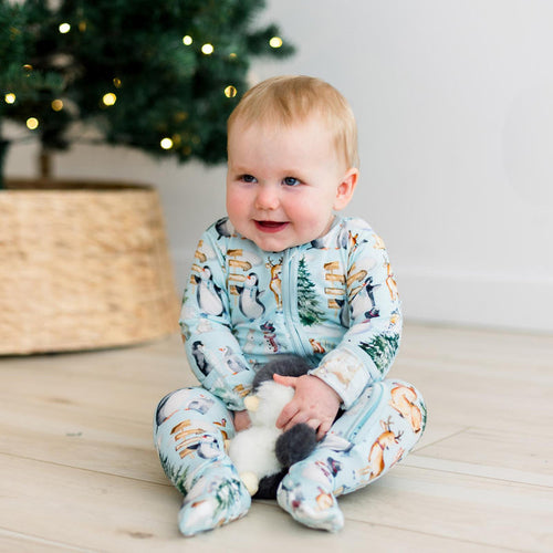 Print Footie with 2 Way Zipper Spring Sky Winter Woodland