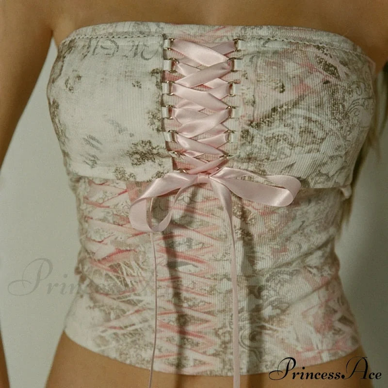 Printed Corset Pink Charming Ribbon Tie-Up Tube Top