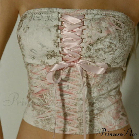 Printed Corset Pink Charming Ribbon Tie-Up Tube Top