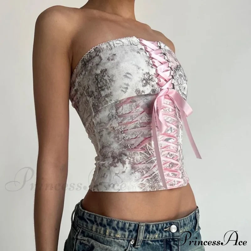 Printed Corset Pink Charming Ribbon Tie-Up Tube Top