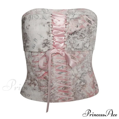 Printed Corset Pink Ribbon Tie-Up Tube Top Free From Label