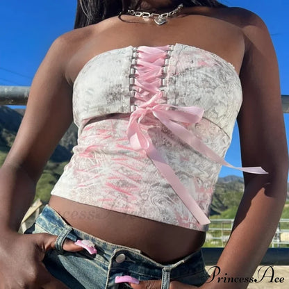 Printed Corset Pink Charming Ribbon Tie-Up Tube Top
