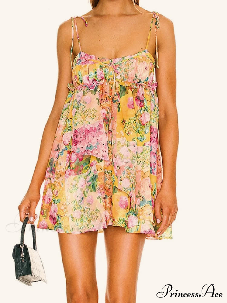 Printed Strap Tie-Up Slip Mini Dress