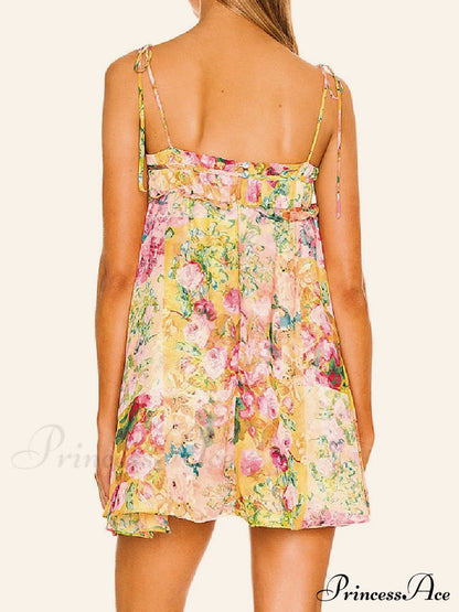 Printed Strap Tie-Up Slip Mini Dress
