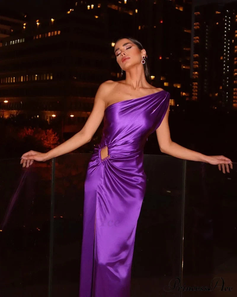 Purple One Shoulder Satin Graceful Hollow Cut Maxi Dress / S