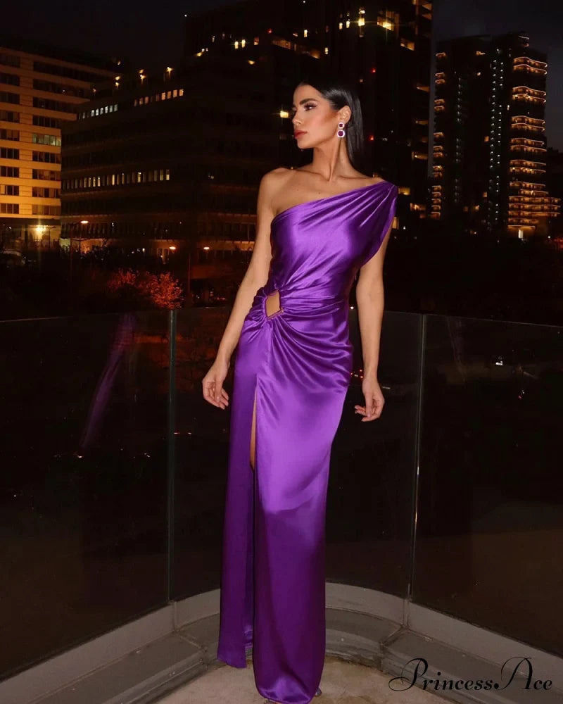 Purple One Shoulder Satin Graceful Hollow Cut Maxi Dress / M