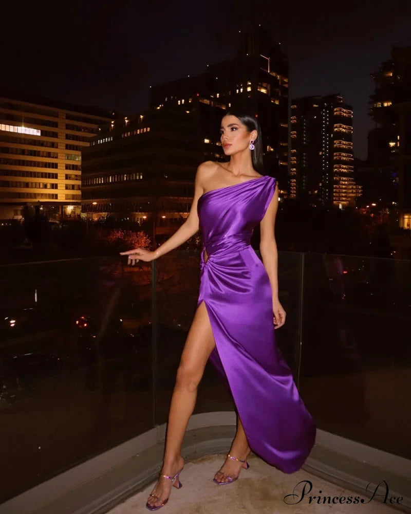 Purple One Shoulder Satin Graceful Hollow Cut Maxi Dress / Xl
