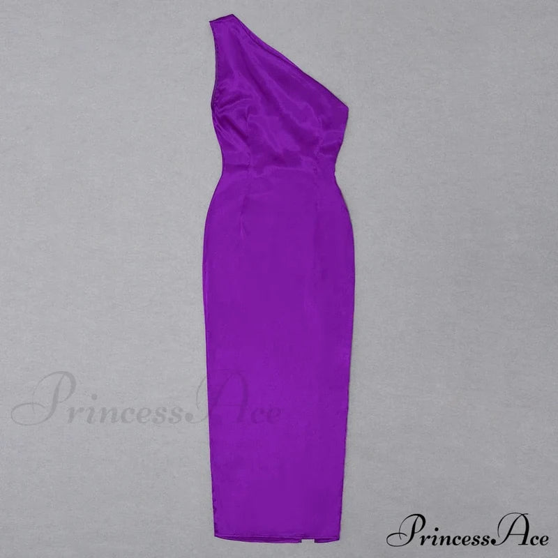 Purple One Shoulder Satin Graceful Hollow Cut Maxi Dress / Xxl