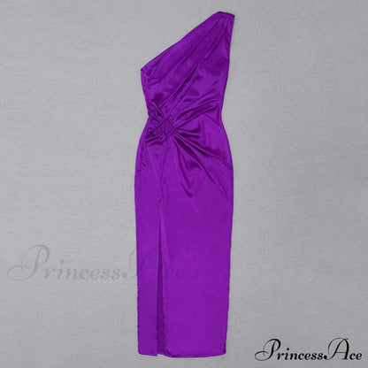 Purple One Shoulder Satin Graceful Hollow Cut Maxi Dress