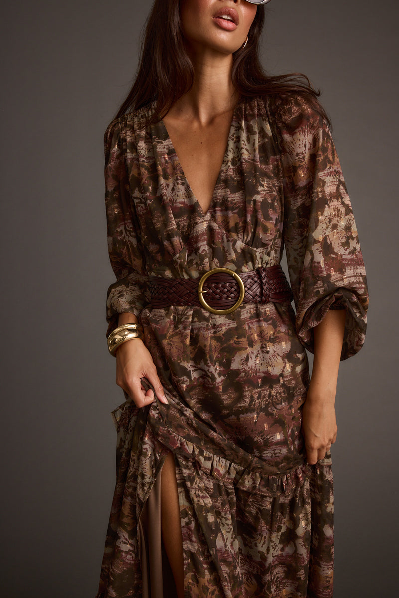 Raindance Floral Long Sleeved Maxi Dress styled in a complete look from an alternate angle.