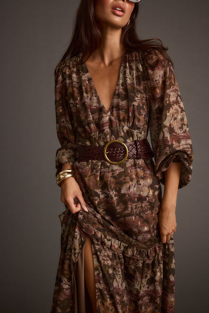 Raindance Floral Long Sleeved Maxi Dress styled in a complete look from an alternate angle.