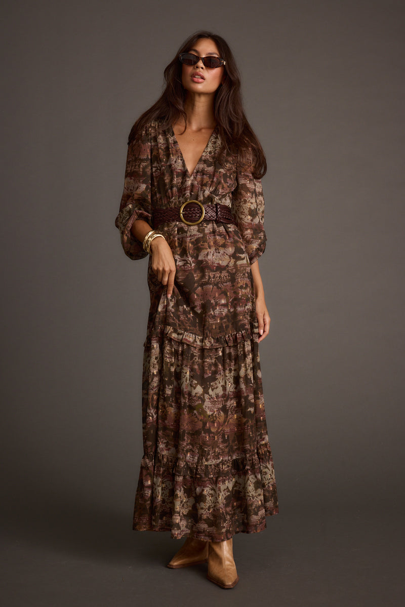 Raindance Floral Long Sleeved Maxi Dress paired with complementary accessories for a polished look.