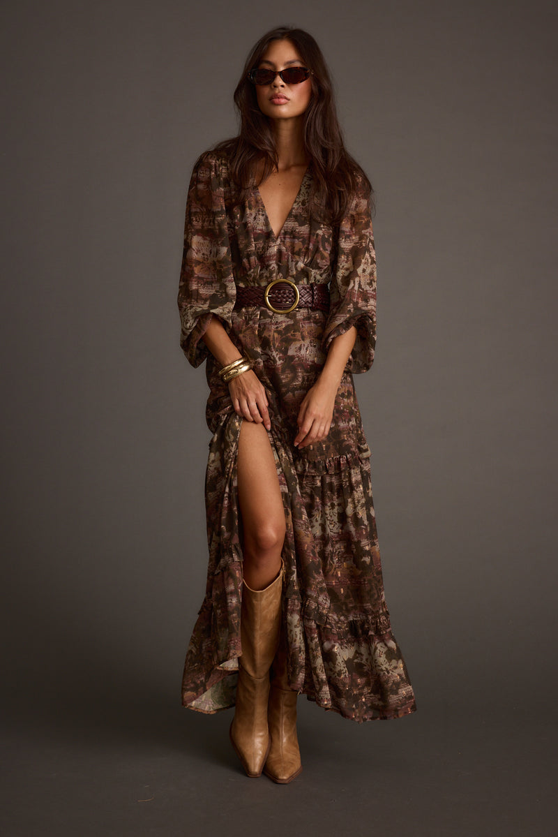Additional view of the Raindance Floral Long Sleeved Maxi Dress from a different perspective.