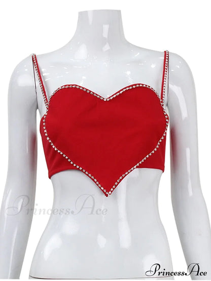 Red Heart Cut Out Graceful Rhinestone Strap Crop Top