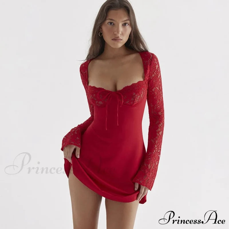 Red Lace Bustier Charming Long Sleeve Mini Dress
