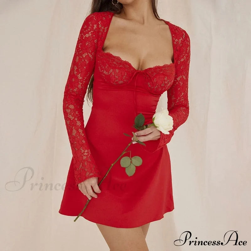 Red Lace Bustier Charming Long Sleeve Mini Dress