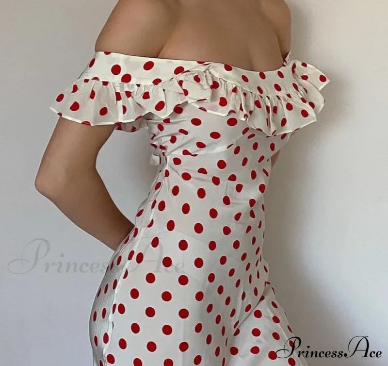 Red Polka Dot Charming Off Shoulder Maxi Dress Dresses