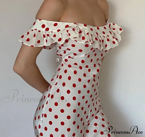 Red Polka Dot Charming Off Shoulder Maxi Dress Dresses